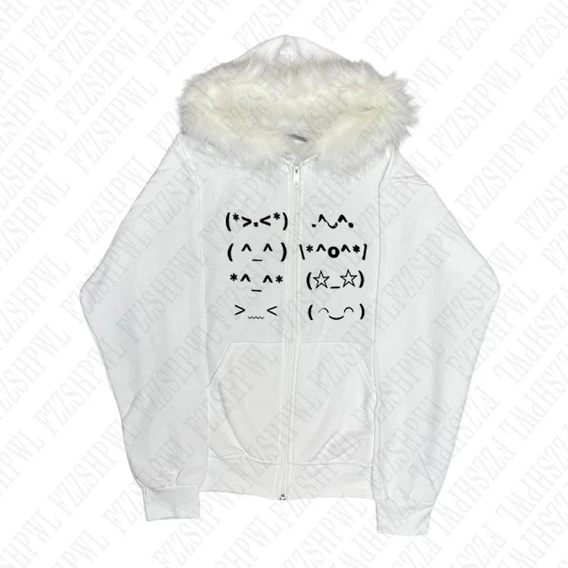White zip-up hoodie with fluffy faux fur hood and black punk emo y2k emoticon graphics vintage rock goth style