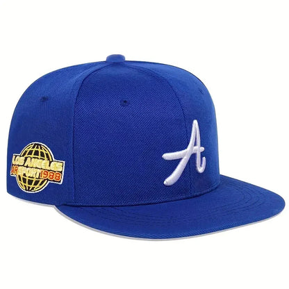 Royal blue hip-hop punk letter embroidered baseball cap with white a logo and vintage los angeles airport 1983 patch