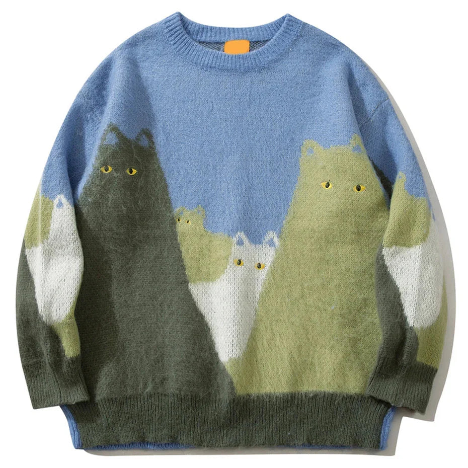 Soft blue cat graphic knitted sweater with three stylized cats oversized hip hop pullover casual jumper