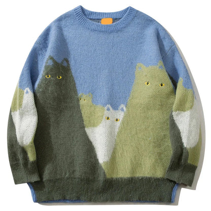 Soft blue cat graphic knitted sweater with three stylized cats oversized hip hop pullover casual jumper