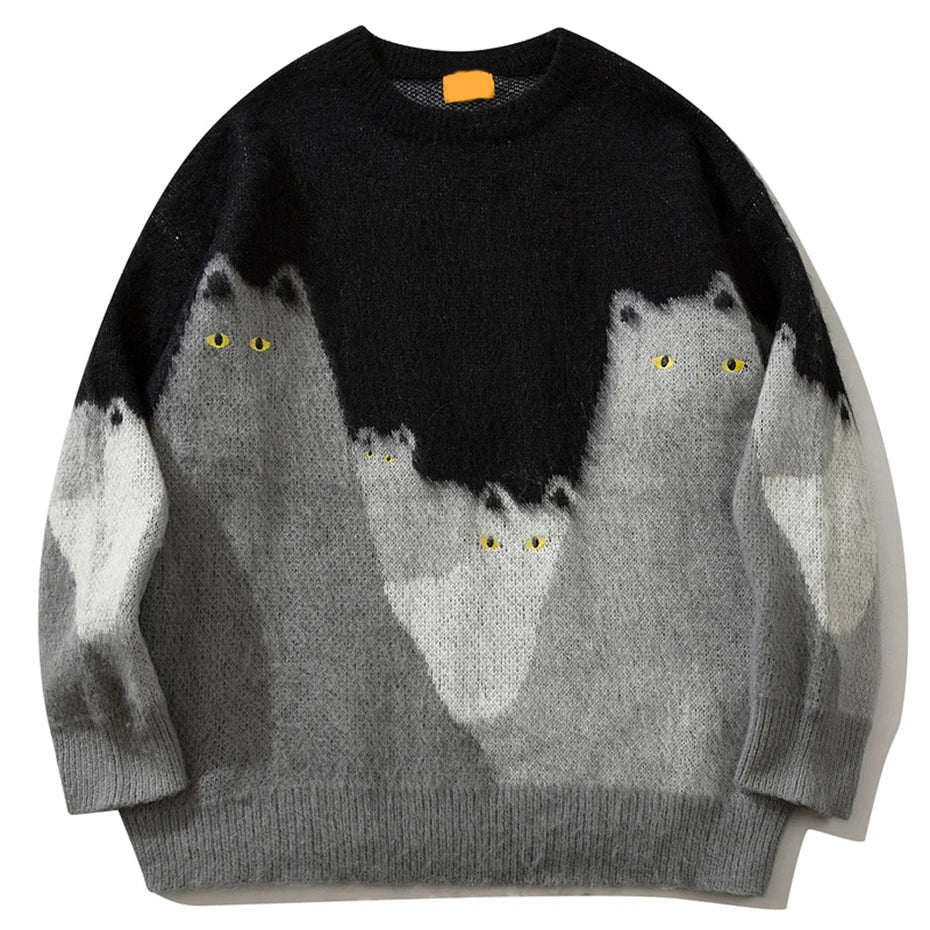 Black and gray cat graphic knitted oversized hip hop pullover sweater with three stylized cats and yellow eyes