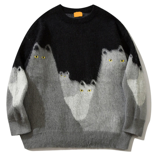Black and gray cat graphic knitted oversized hip hop pullover sweater with three stylized cats and yellow eyes