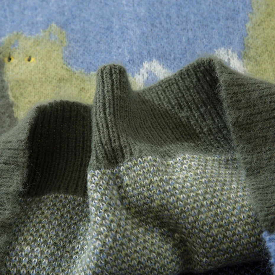 Cozy olive green knitted sweater with ribbed neckline and textured stitch pattern perfect for oversized hip hop style