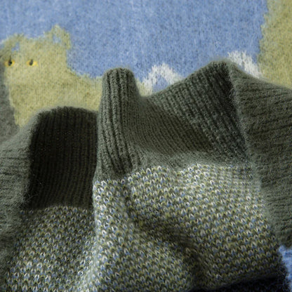 Cozy olive green knitted sweater with ribbed neckline and textured stitch pattern perfect for oversized hip hop style