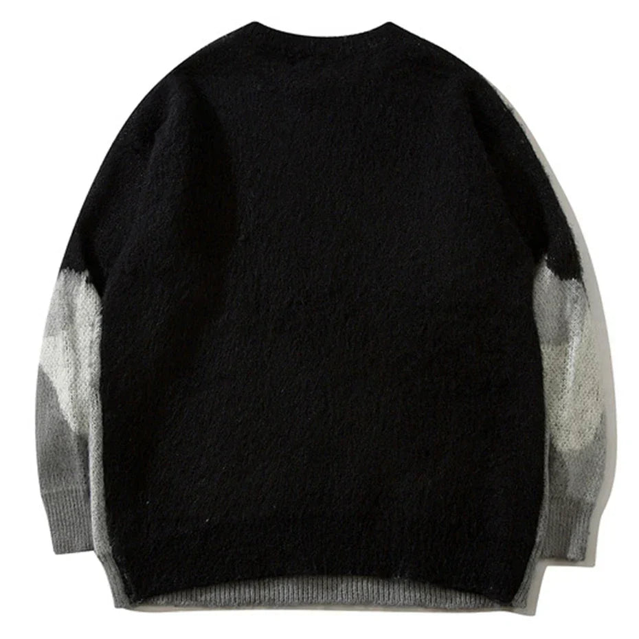 Black and gray gradient cat graphic knitted oversized hip hop pullover sweater in textured fuzzy fabric for casual wear