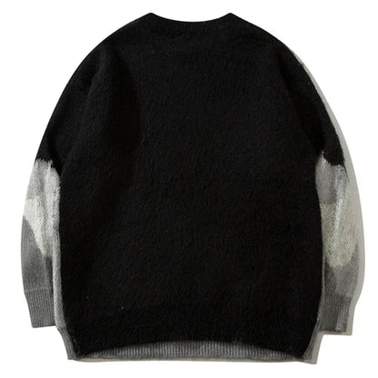 Black and gray gradient cat graphic knitted oversized hip hop pullover sweater in textured fuzzy fabric for casual wear