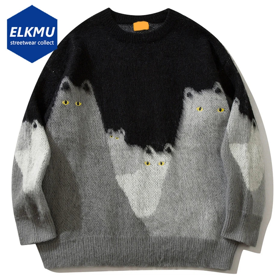 Black and gray cat graphic knitted oversized hip hop pullover sweater from elkmu streetwear collection for casual wear