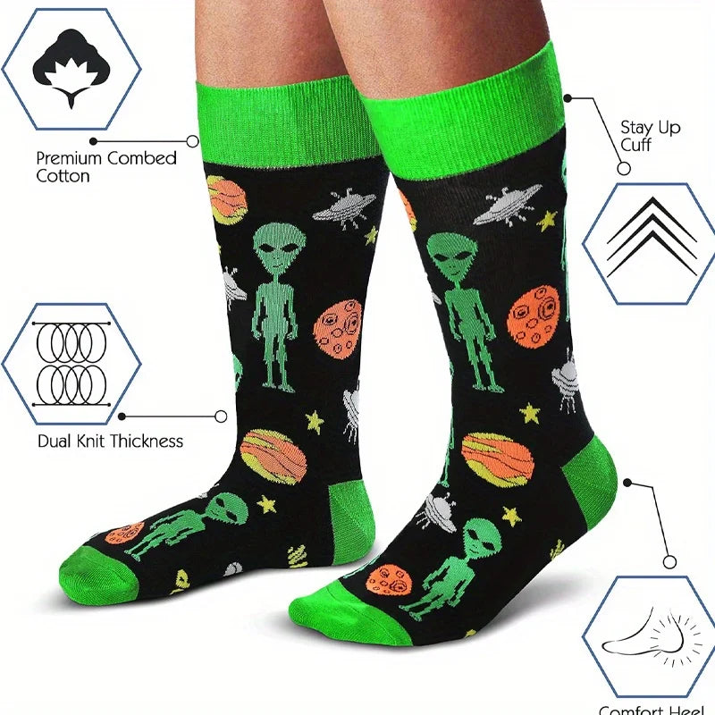 Cavertin men’s programming alien sasquatch black and neon green cotton socks with playful space pattern for sasquatch dad music fans