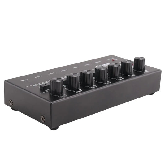 Black usb mixer with six rotary knobs and labeled ports low-noise channels audio mixer for recording studio use