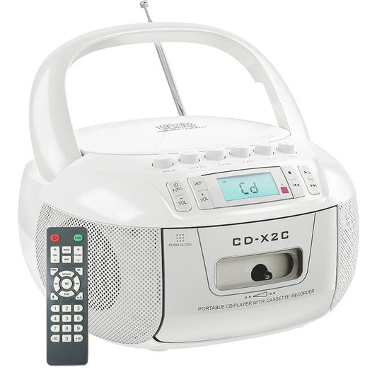White plastic portable cd-x2c cassette boombox combo with bluetooth am fm radio usb and dc ac powered portable cd tape recorder