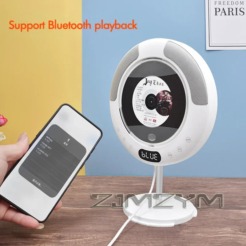 White circular cd player surround sound with built-in bluetooth radio usb mp3 disk portable music player with speakers