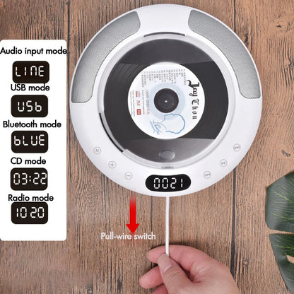 White circular cd player surround sound with built-in speakers radio bluetooth usb mp3 disk portable digital display