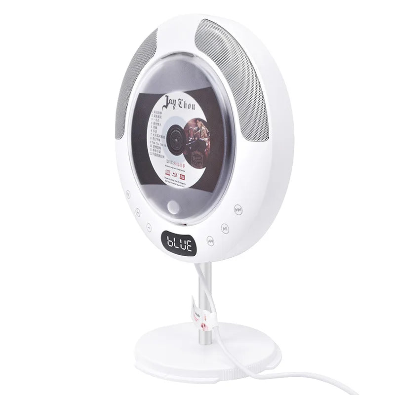 White circular cd player surround sound with radio bluetooth usb and digital display showing blue for portable use