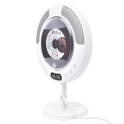 White circular cd player surround sound with radio bluetooth usb and digital display showing blue for portable use
