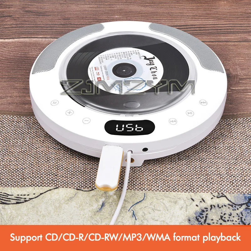 White circular cd player surround sound with silver speaker grilles digital display usb and black disc tray for mp3 disk portable use