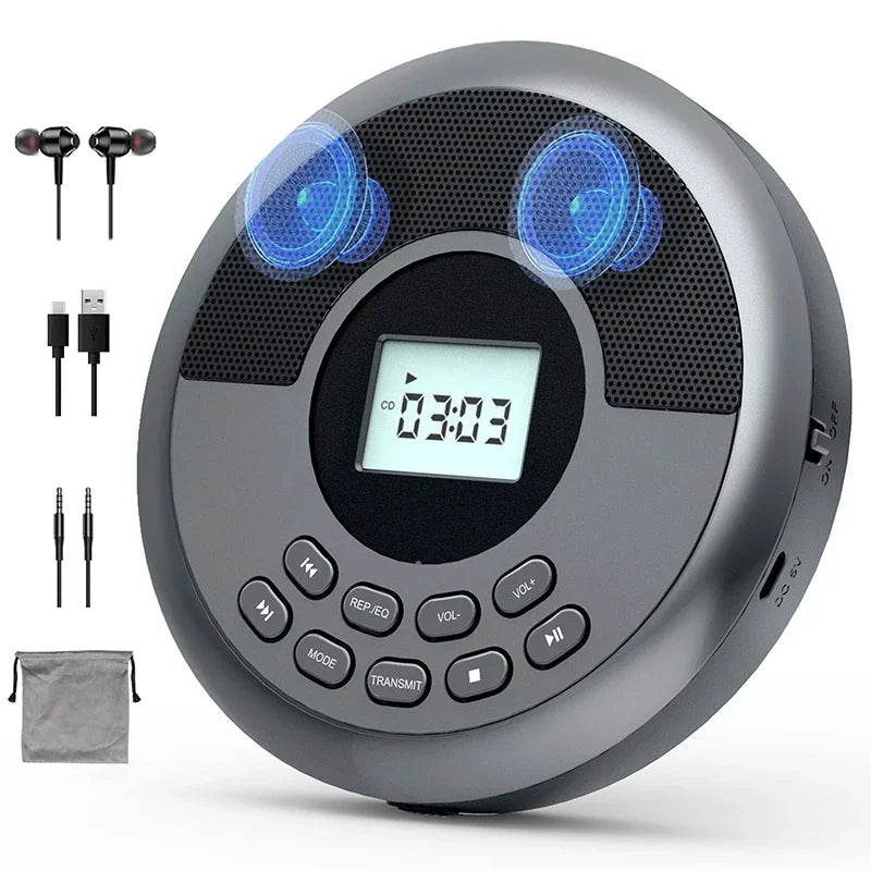 Gray portable cd player with black speaker grilles blue glowing speakers rechargeable discman walkman with headphones bluetooth usb