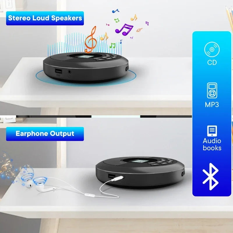 Black circular portable cd player with headphones bluetooth usb and rechargeable discman walkman for music playback