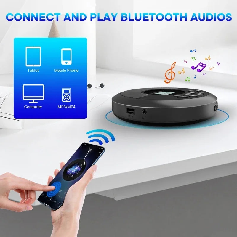 Black circular portable cd player with digital display and control buttons rechargeable discman walkman with headphones bluetooth usb