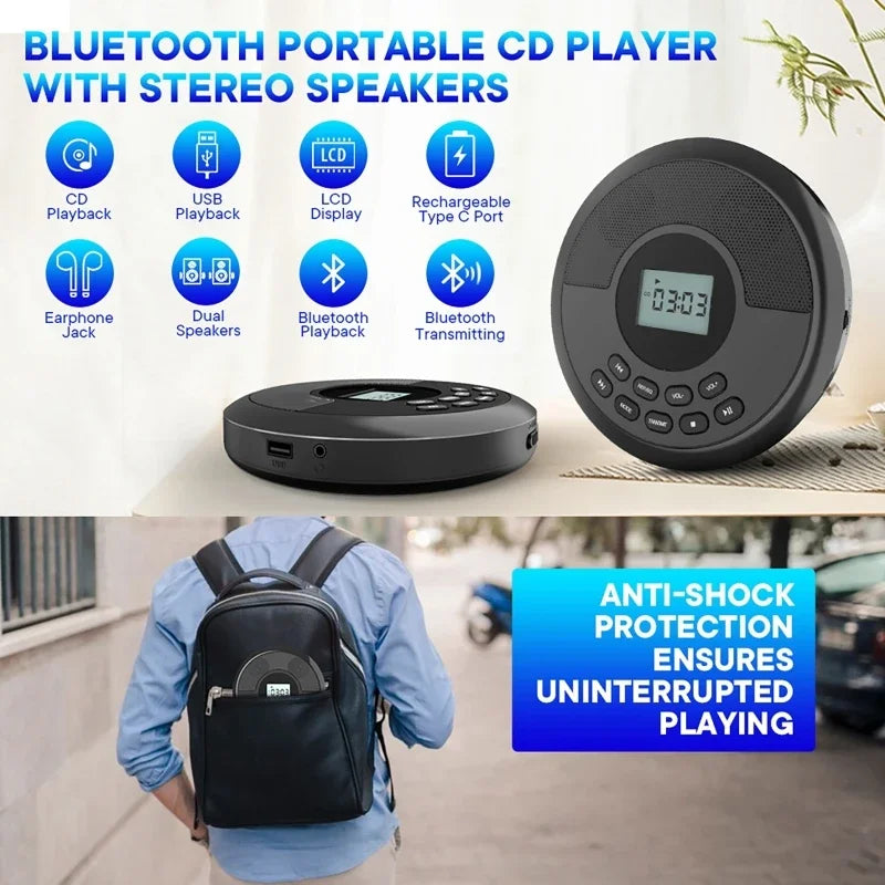 Black circular portable cd player with stereo speakers digital display rechargeable discman walkman headphones bluetooth usb