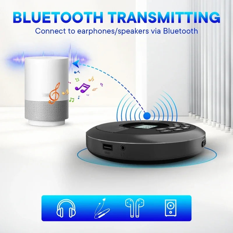 Black circular portable cd player with digital display and control buttons for headphones bluetooth usb and rechargeable use