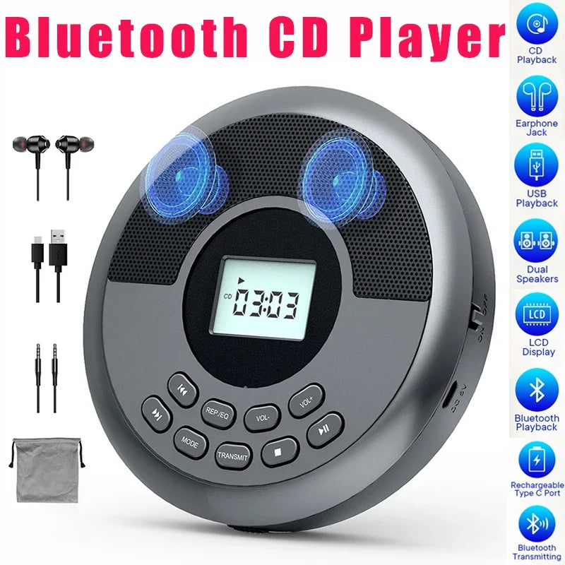 Gray circular portable cd player with black speaker grilles, digital display, and control buttons for rechargeable discman walkman headphones bluetooth usb use