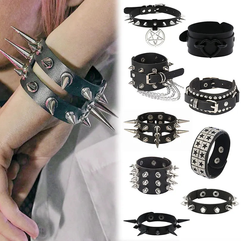 1Pc Hip Hop Men Goth PU Leather Wristband bracelet en cuir Vintage Cosplay Rock Spikes Rivet Chunky Cuff Black браслеты