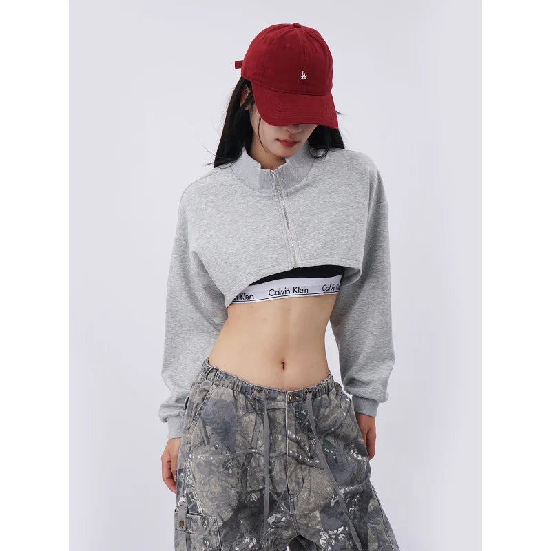 High Waist Loose Fit Ultra-Short Jazz Street Dance Sweatshirt Women's Style Navel Hip Hop Sexy Zipper Cover up Jacket
