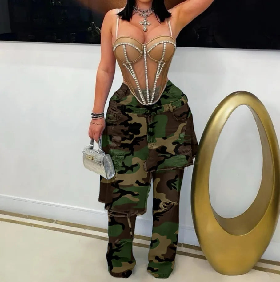 Hip Hop Ripped Camouflage Print Jeans Stretch Pants Sexy Women High Waist Elegant Camo Denim Straight Trousers