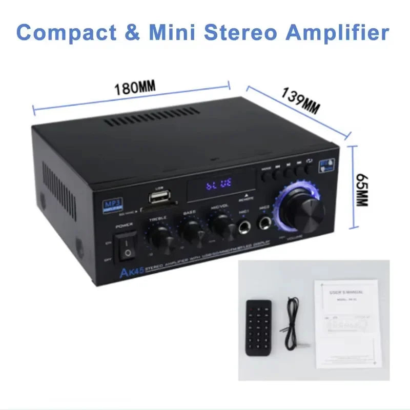 Black ak45 compact mini digital amplifier ak45 bluetooth with blue led display and illuminated control knobs for home car use
