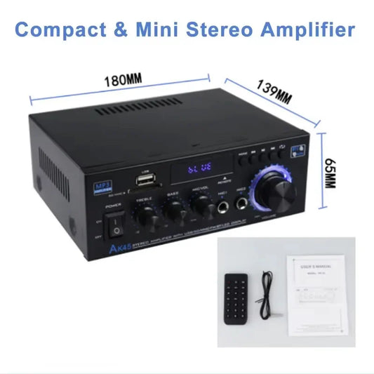 Black ak45 compact mini digital amplifier ak45 bluetooth with blue led display and illuminated control knobs for home car use