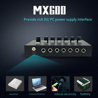 Black mx600 power supply interface with six circular ports and knobs on the back of the mixer fuluode mini professional sound mixer
