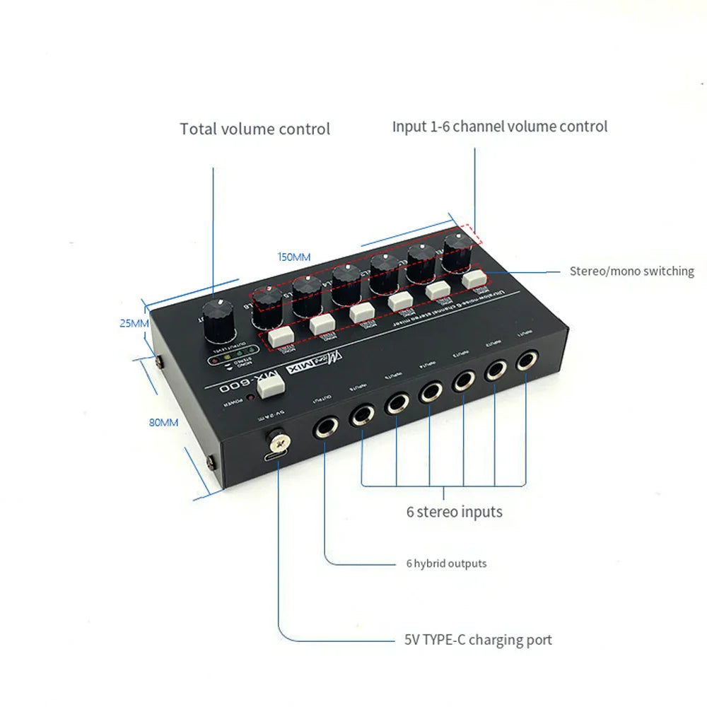 Black rectangular professional sound mixer fuluode mini with six stereo inputs six hybrid outputs and 5v type-c port