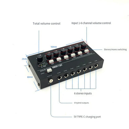 Black rectangular professional sound mixer fuluode mini with six stereo inputs six hybrid outputs and 5v type-c port