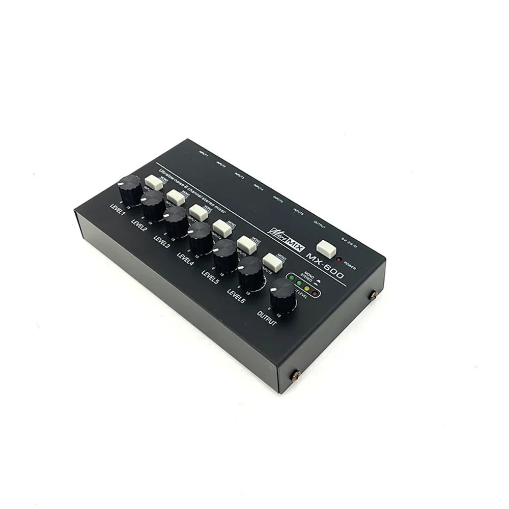 Black rectangular professional sound mixer fuluode mini with six level knobs and white output knob for recording live n