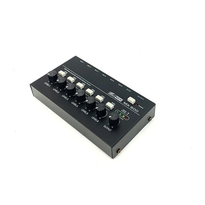 Black rectangular professional sound mixer fuluode mini with six level knobs and white output knob for recording live n