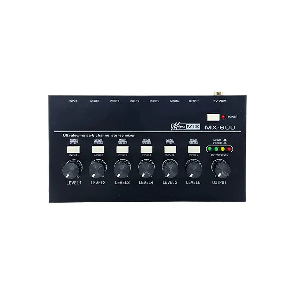 Black rectangular professional sound mixer fuluode mini with six input knobs and one output knob for recording live n