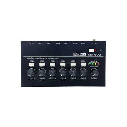 Black rectangular professional sound mixer fuluode mini with six input knobs and one output knob for recording live n