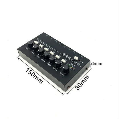 Black rectangular professional sound mixer fuluode with six level knobs, output knob, switches, and green power light