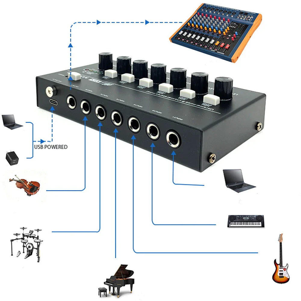 Black usb-powered professional sound mixer fuluode mini with multiple input jacks and control knobs for recording live n