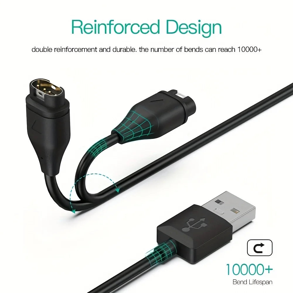 Black reinforced charger charging cable with double-reinforced flexible design for garmin fenix and forerunner devices