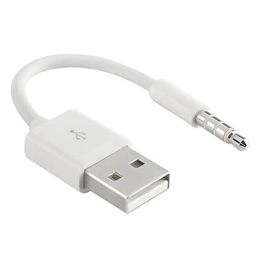 White usb-to-3.5mm audio adapter cable with metallic jack and plastic connectors for ipod shuffle 3rd 4th gen accessory