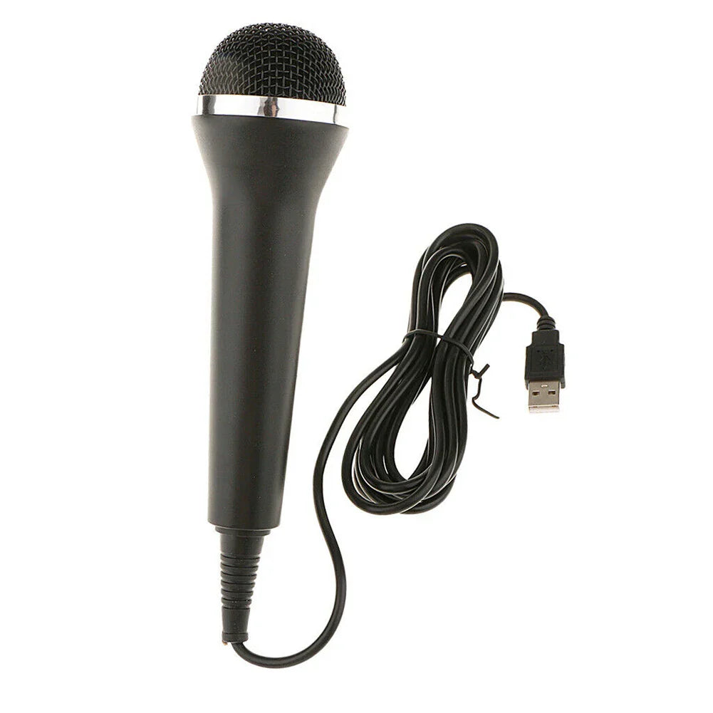 Black usb wired microphone with silver mesh grille and textured grip for chatting gaming podcast and karaoke use