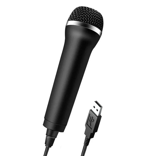 Black wired microphone karaoke with silver mesh grille designed for chatting gaming podcast on switch wii ps4 xbox pc
