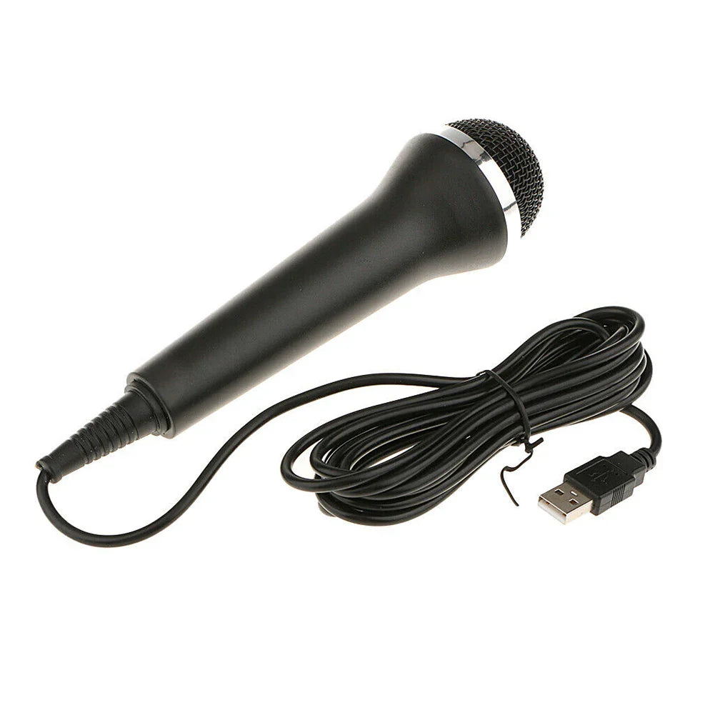Black usb wired microphone with silver mesh grille and textured grip for chatting gaming podcast and karaoke use