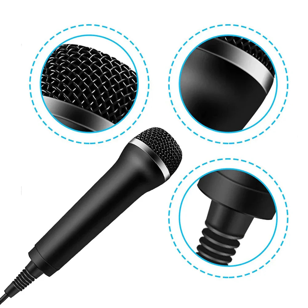 Black handheld wired microphone karaoke with mesh grille and metallic accent ring for chatting gaming podcast recording