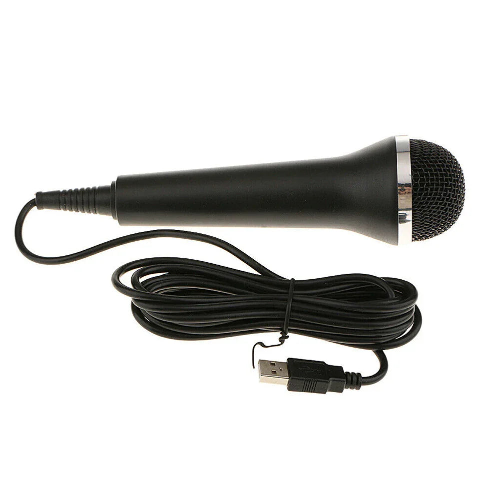 Black usb wired microphone with silver mesh grille and textured grip for chatting gaming podcast and wired microphone karaoke on switch wii