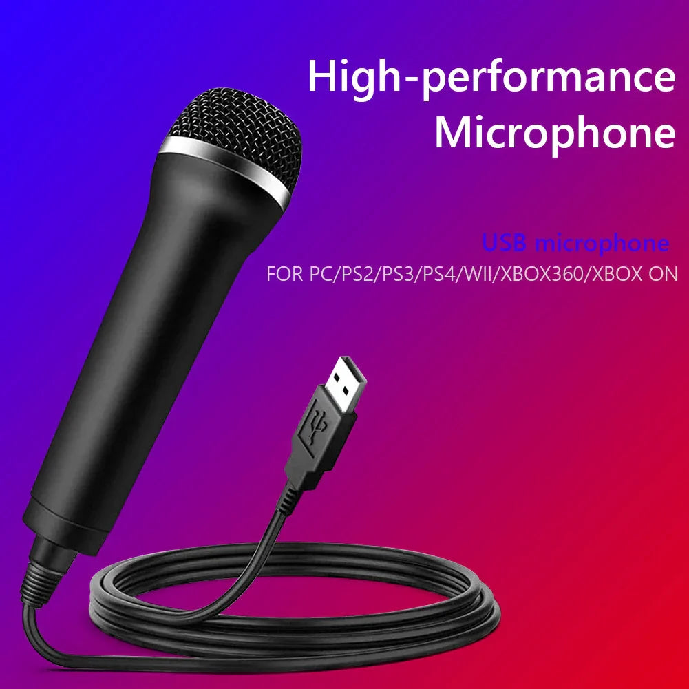 Black wired microphone karaoke with silver grille band and coiled cable for chatting gaming podcast recording use