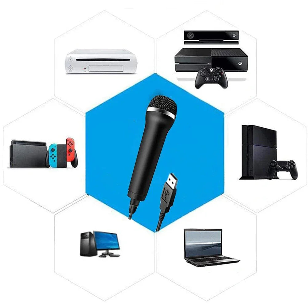 Black wired microphone karaoke with silver mesh grille and textured grip for chatting gaming podcast on switch wii ps4 xbox pc