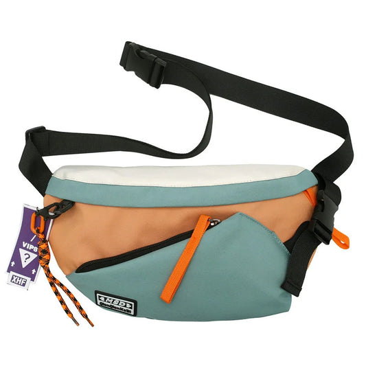 Teal and tan color-blocked nylon chest rig bag women fanny pack streetwear with black straps and orange zipper pulls
