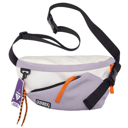 A modern lavender and white nylon chest rig bag women fanny pack streetwear with black straps and orange zipper pulls